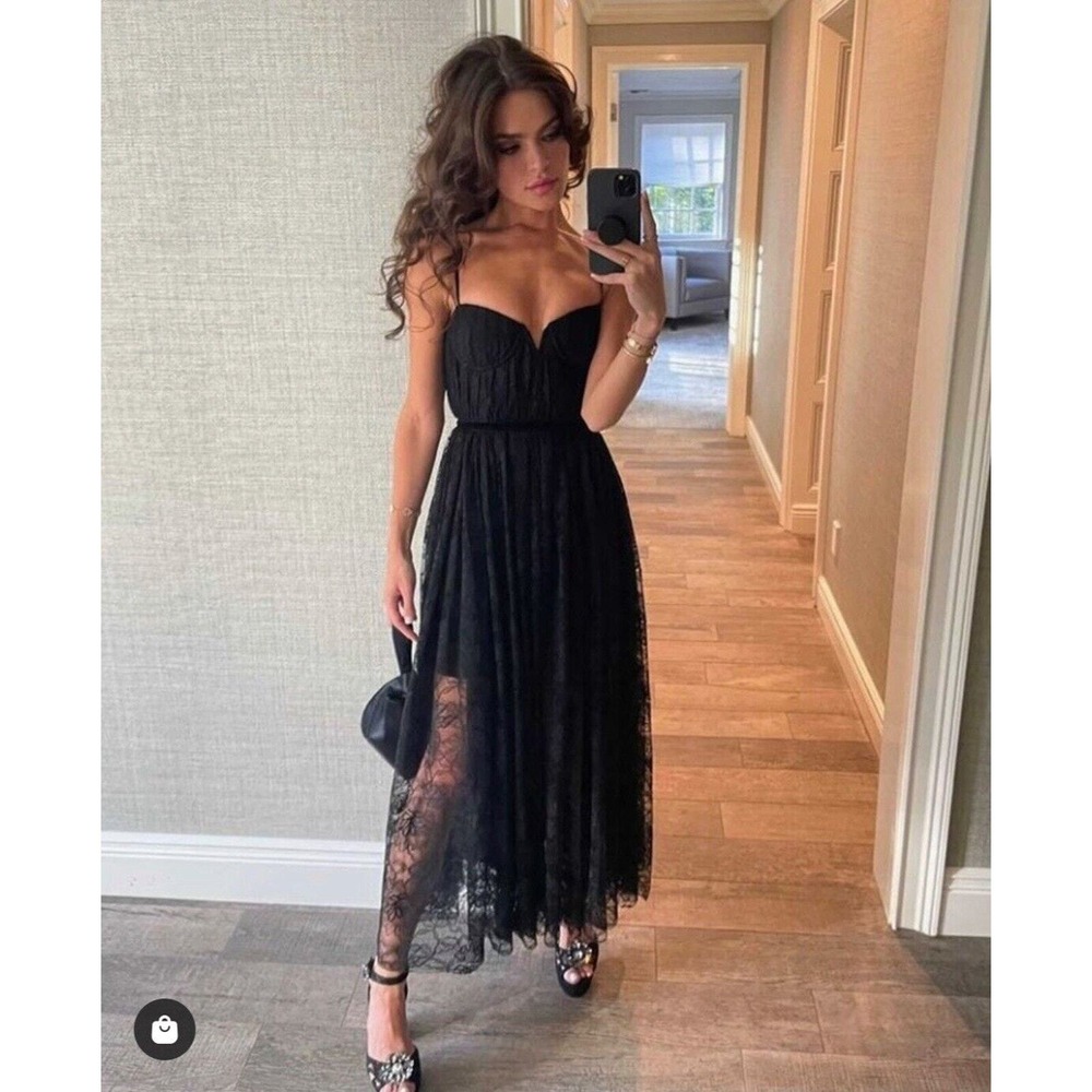 SAU LEE Selena Lace Dress Black Sleeveless Bustier Maxi Cocktail Sz 2